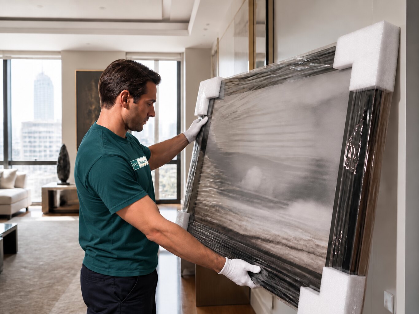 Professional handler positioning a protected framed artwork in a Manhattan home