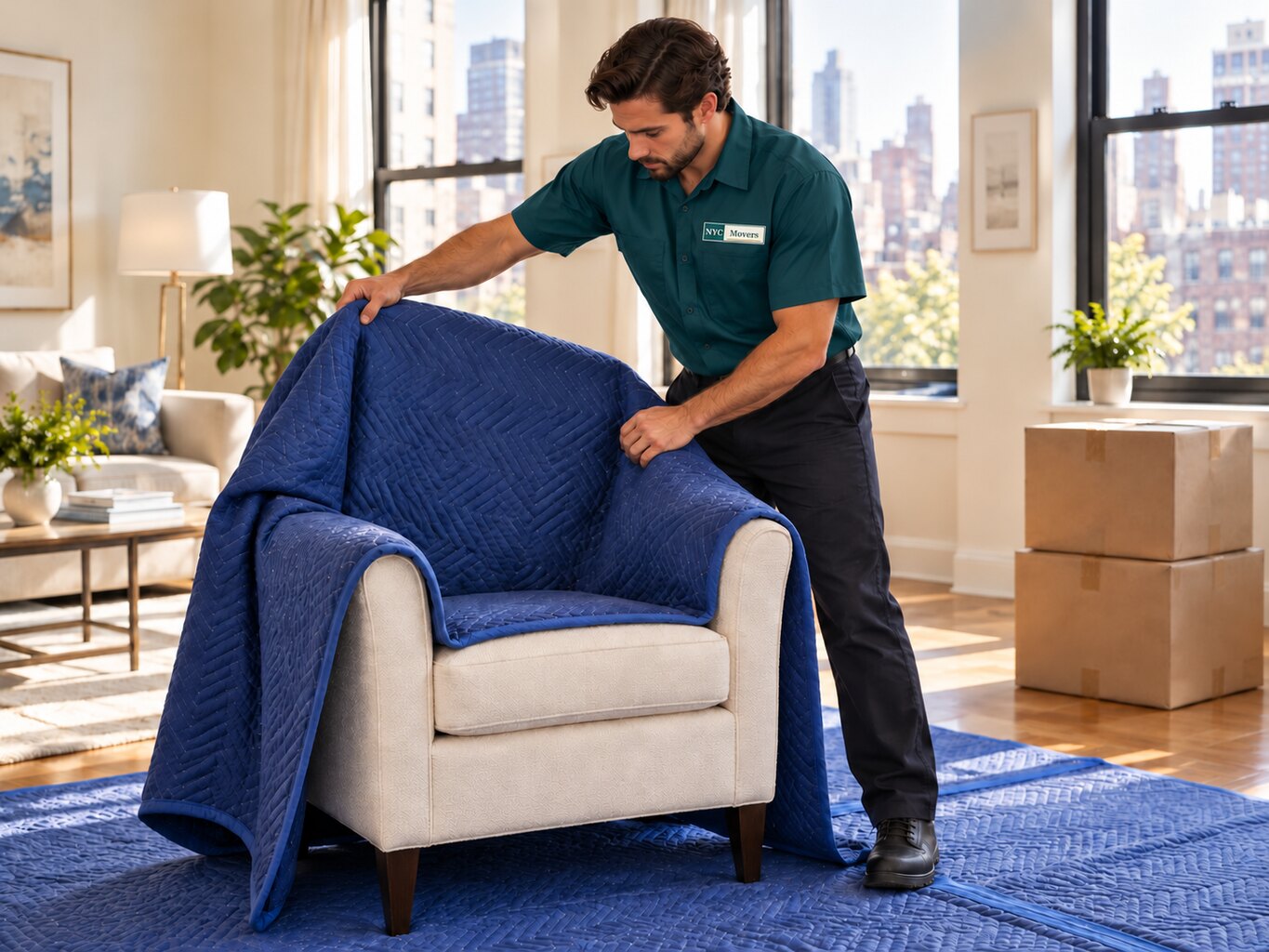 Professional mover protecting an upholstered chair in a New York apartment